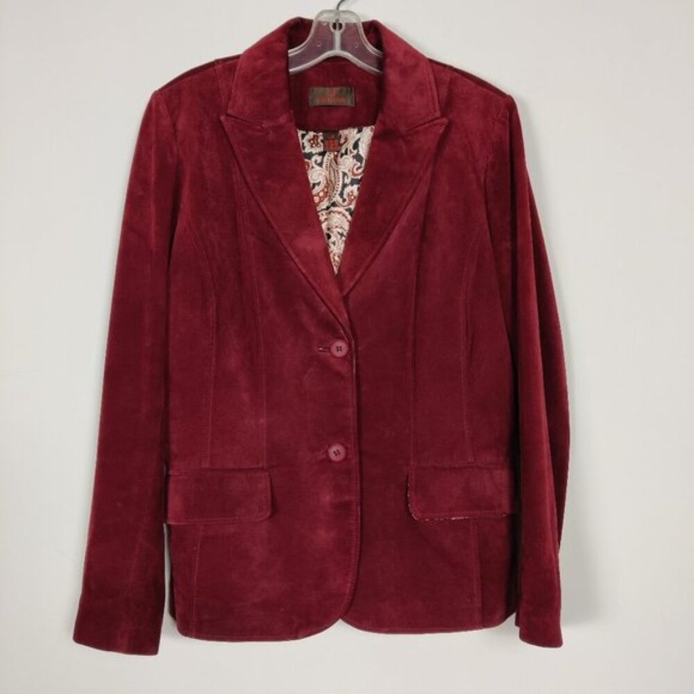 Danier Womens Leather Blazer Size L Red Peak Lapel Collar Formal Quiet